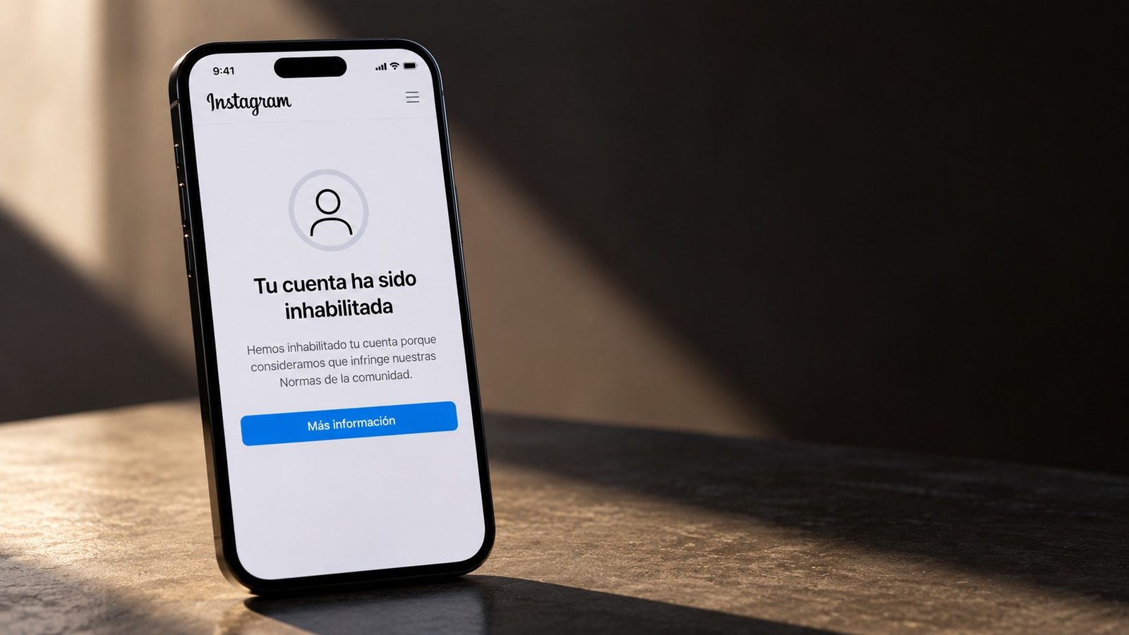 Pantalla de Instagram con el aviso «Tu cuenta ha sido inhabilitada»