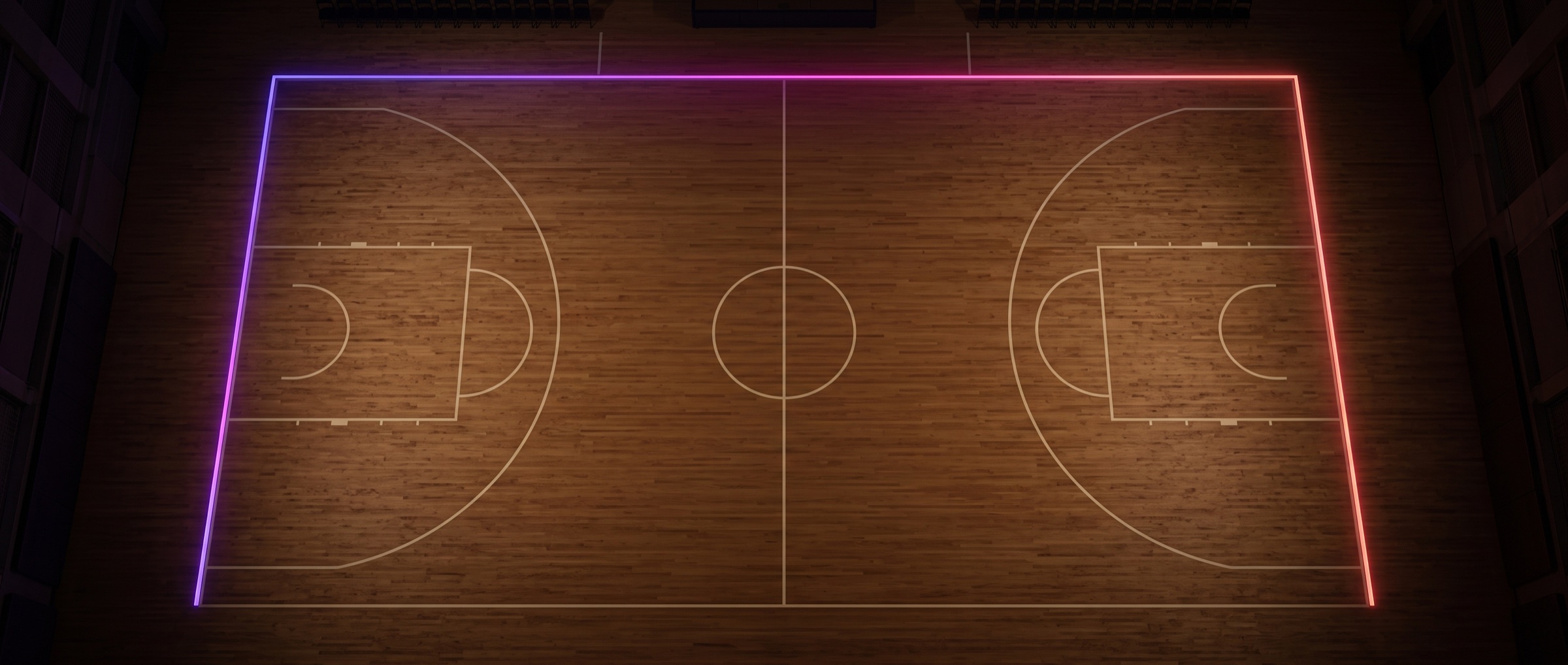 Cancha de parquet vista desde arriba con una línea iluminada
