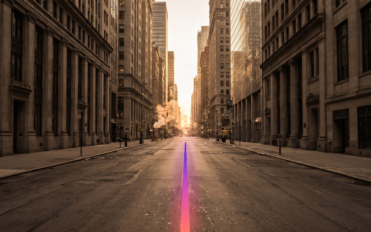 Avenida de Manhattan al amanecer con una línea de luz