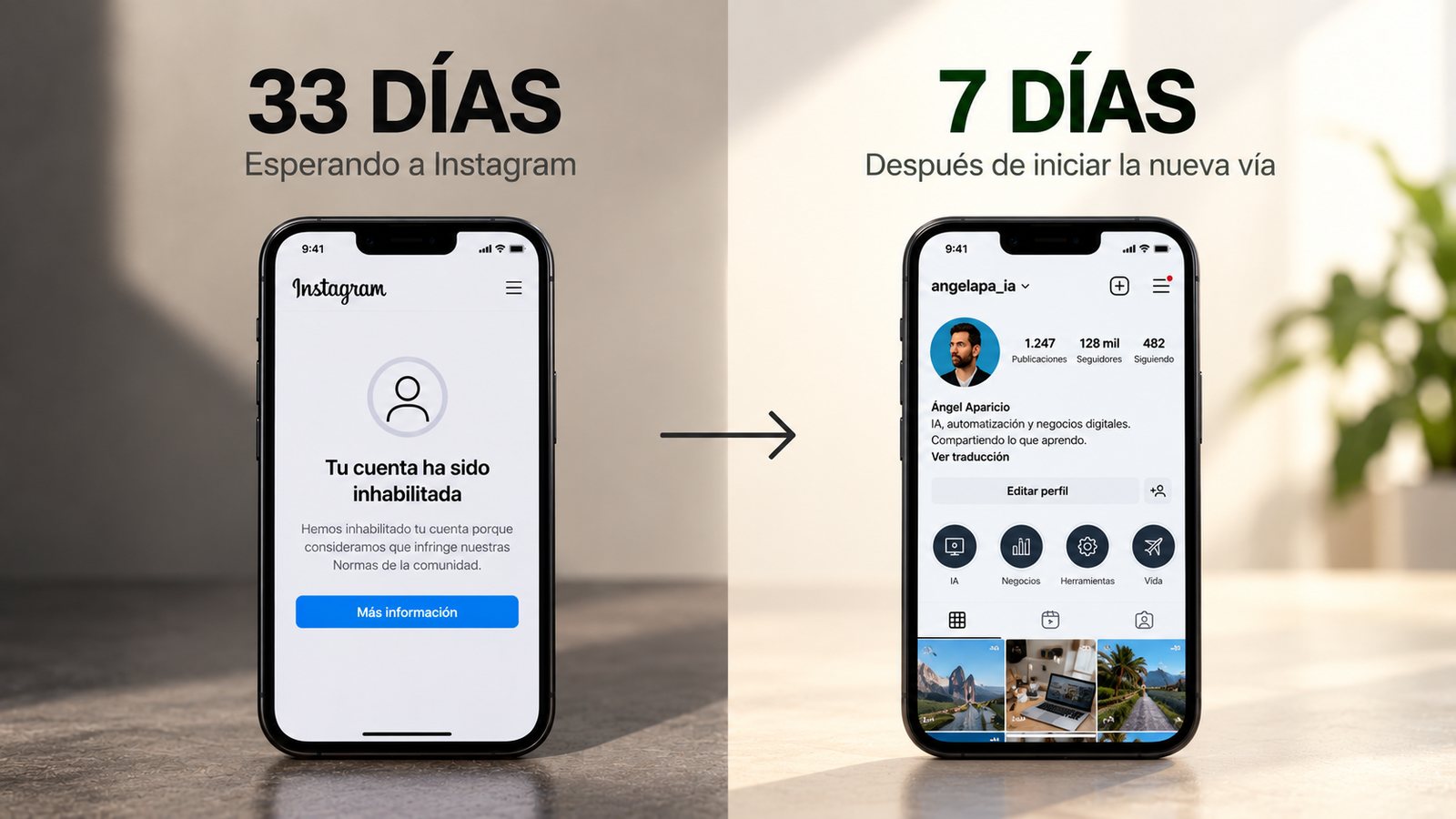 Comparativa: 33 días esperando a Instagram frente a 7 días después de iniciar la nueva vía