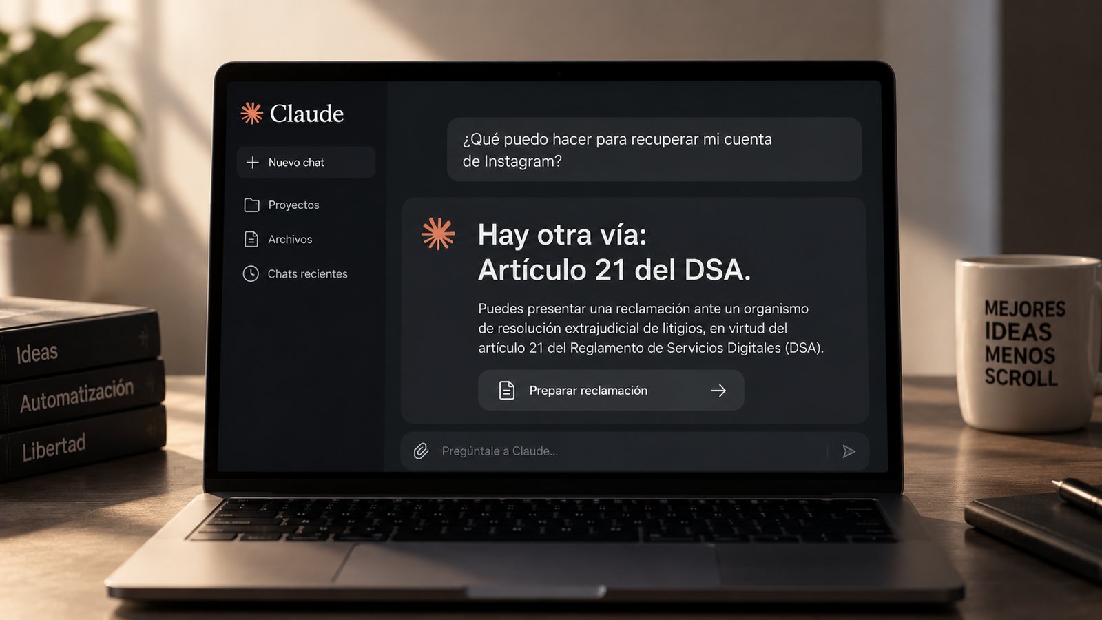 Portátil con Claude proponiendo la vía del artículo 21 del DSA